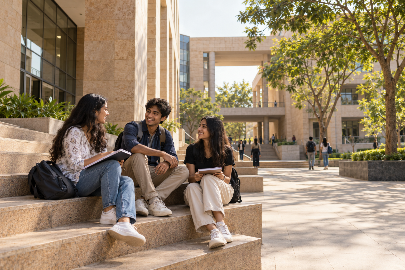 Illustration of students in a sunlit campus courtyard